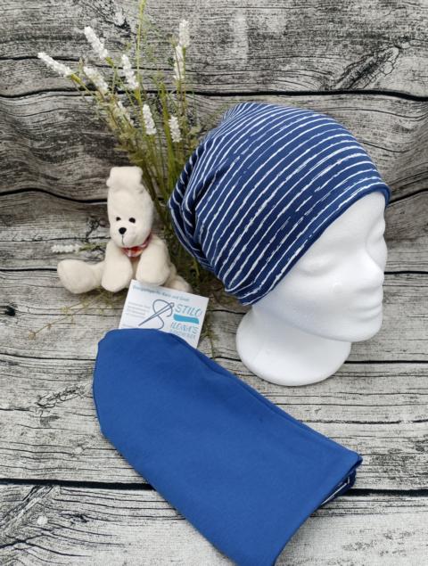 Wendebeanie blau gestreift