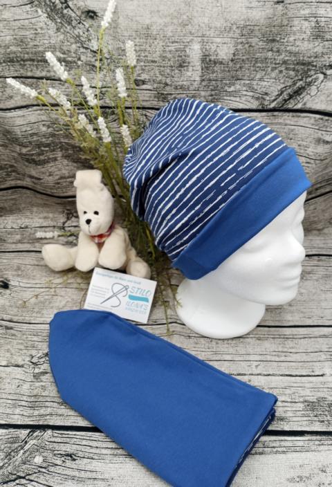 Wendebeanie blau gestreift